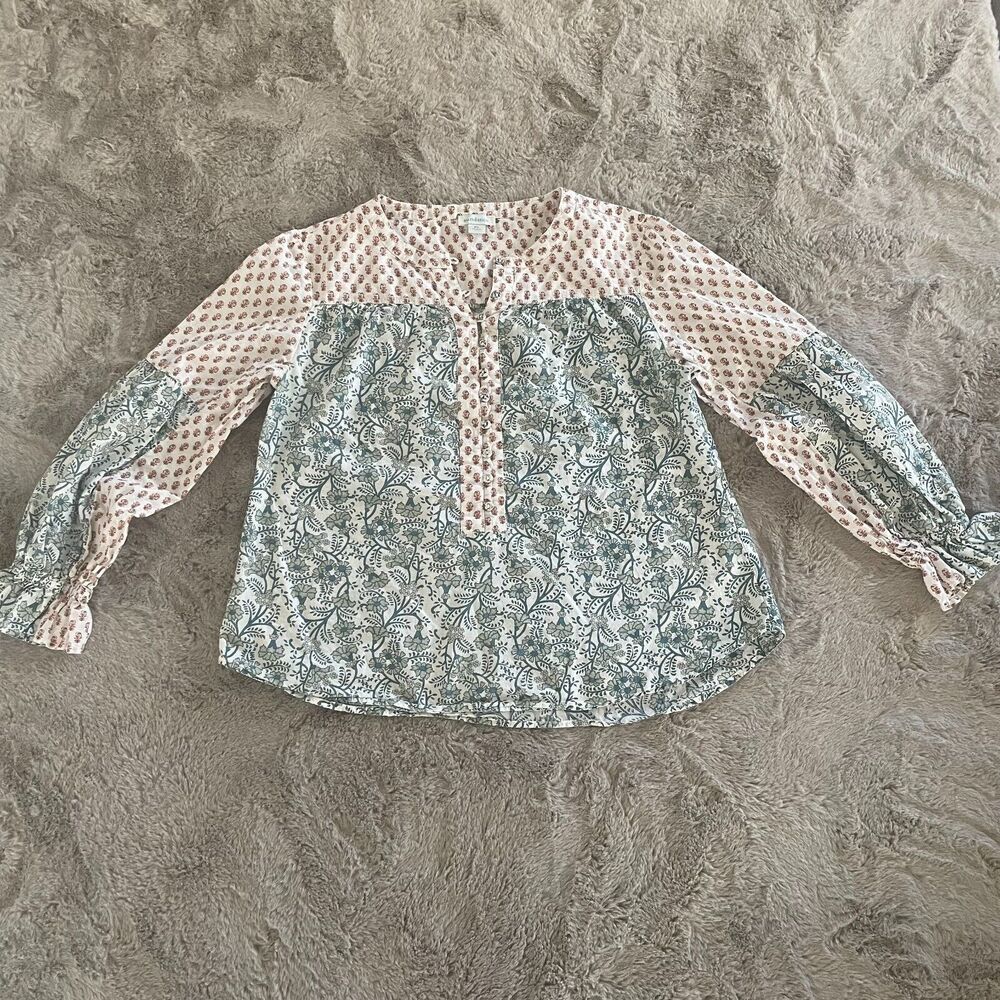 Sundance Floral button top Shirt Ruffled cuff sleeve Women PS Pink green Cottage